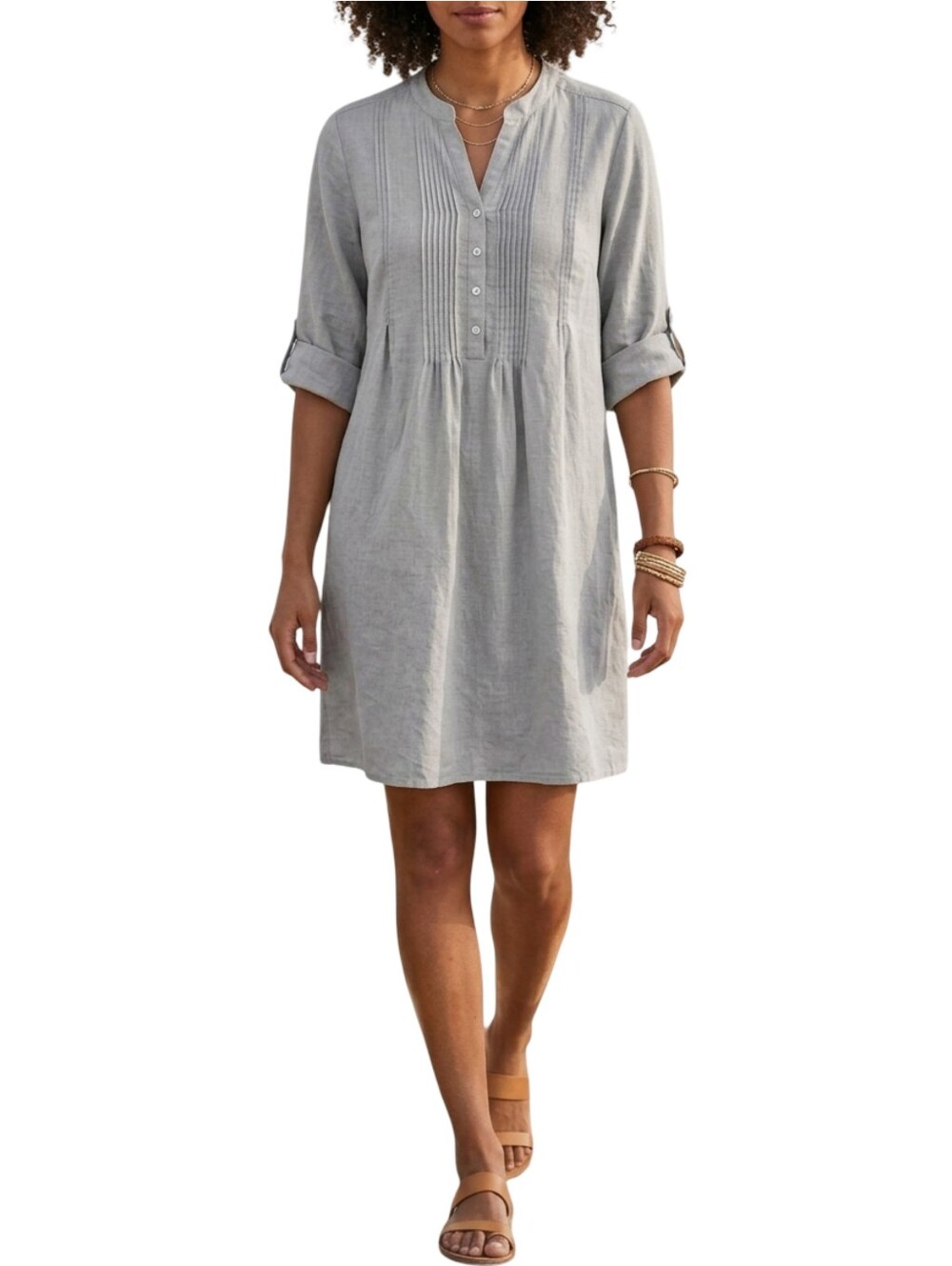 TAHARI Gray Linen Blend Pintuck Shift Shirt Dress Size S